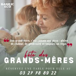 Citation sur une grand-mère comparée à une pizza, promotion pour la fête des grands-mères au restaurant Basilic & Co.
