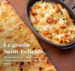 Gratin Saint Félicien avec ravioles, crème, poulet rôti maison et ciboulette, plat proposé par Basilic & Co Cambrai.
