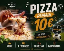 Pizza artisanale à emporter à Basilic & Co Cambrai, avec choix entre Reine, 4 fromages, Chorizana, Campagnarde.
