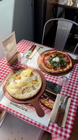 Deux pizzas artisanales sur une table à carreaux rouges et blancs avec couverts et verres au restaurant Basilic & Co, Voiron.