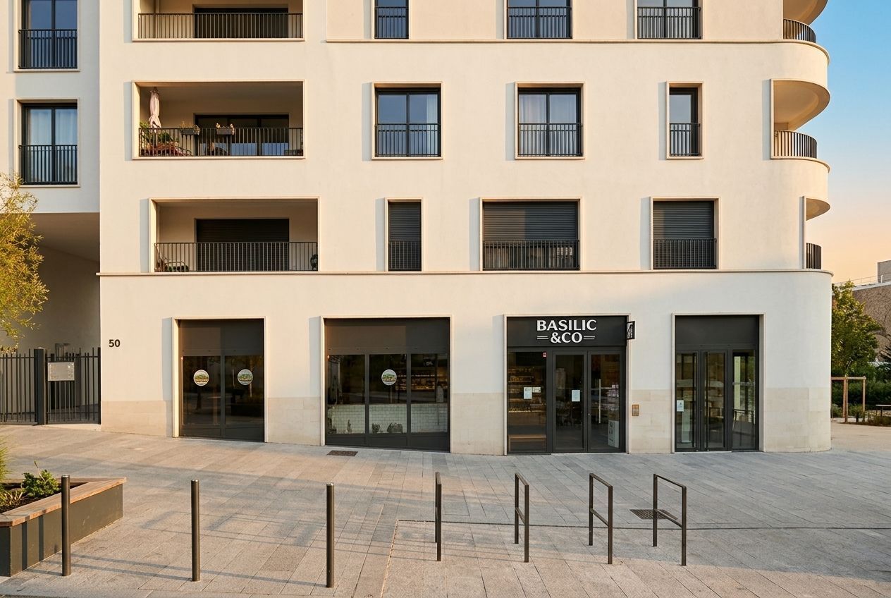 Façade moderne du restaurant Basilic & Co à Châtenay-Malabry, spécialisé en pizzas à emporter et livraison.